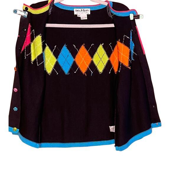 Vintage Jack B Quick Argyle Black Pink Green Blue Cardigan Sweater Medium - Picture 3 of 6